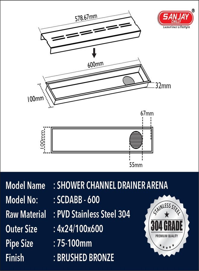 SANJAY CHILLY Arena Shower Channel Drainer Colour Collection SS Floor Drain Channel 304 Grade Cockroach Trap with Collar Luxurious Bathroom Gratings (Side Hole - Brushed Bronze - 24x4 INCH) - Image 3